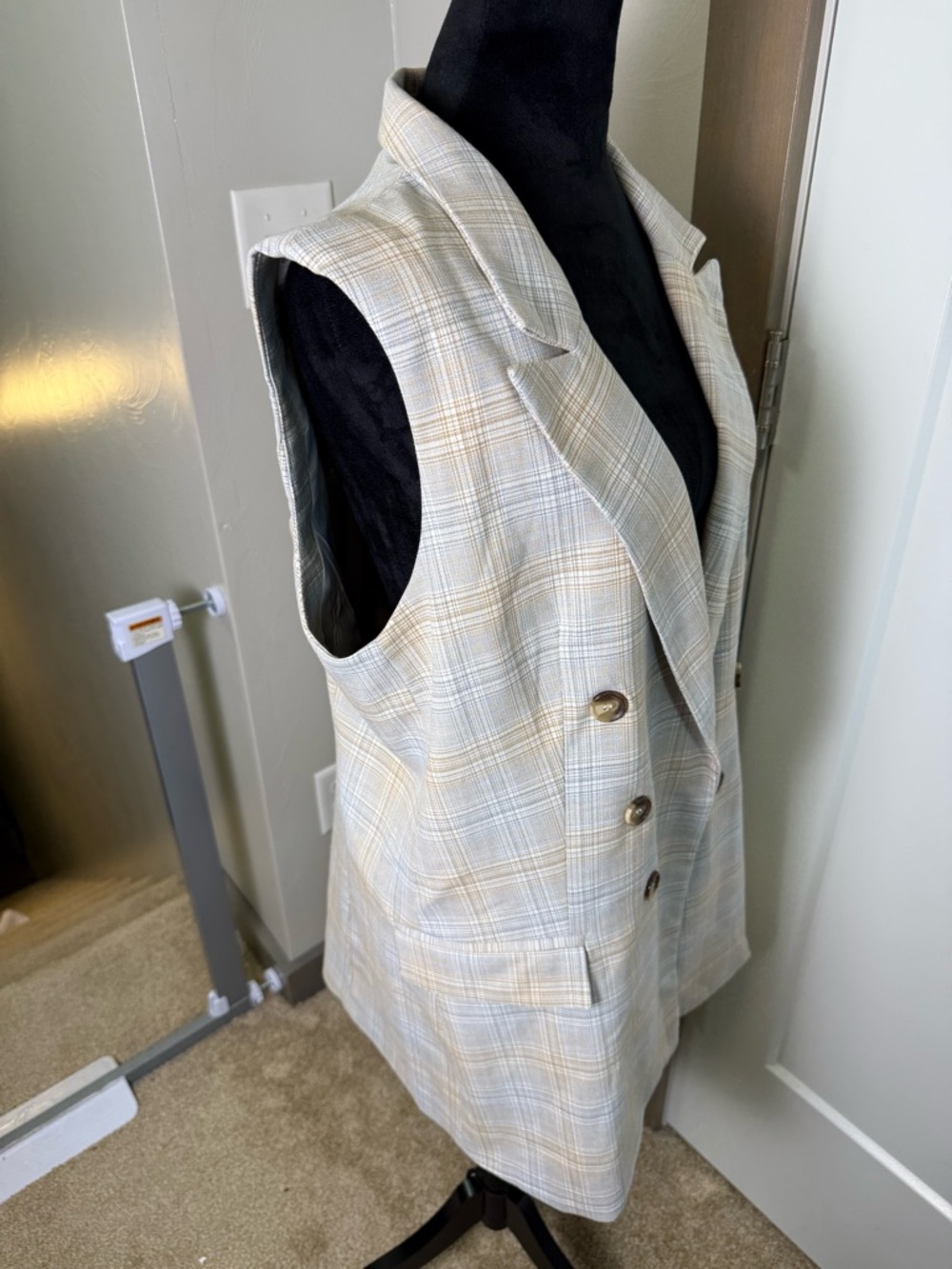 Rachel Zoe Breasted Blazer Vest Plaid Blue Tan Neutral Sleeveless Open Front L - Picture 3 of 7